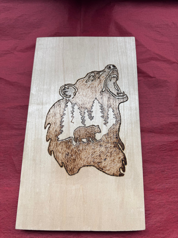 7 3/4 by 12 Wood Etching Free Hand Art - On Bassword Hook On Back- Bear In Pine Forest