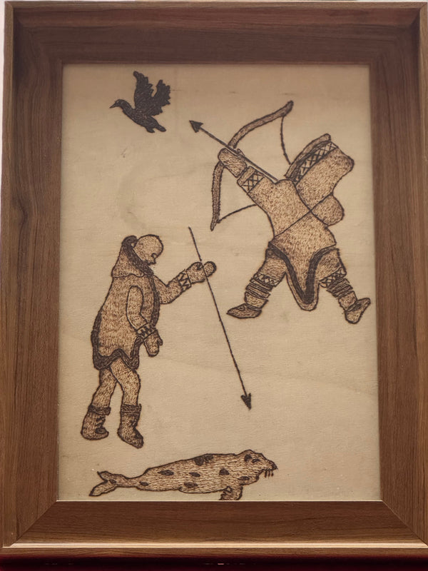 Wood Etching Free Hand Art - On Bassword in Bamboo Frame - Inuit Harvesters