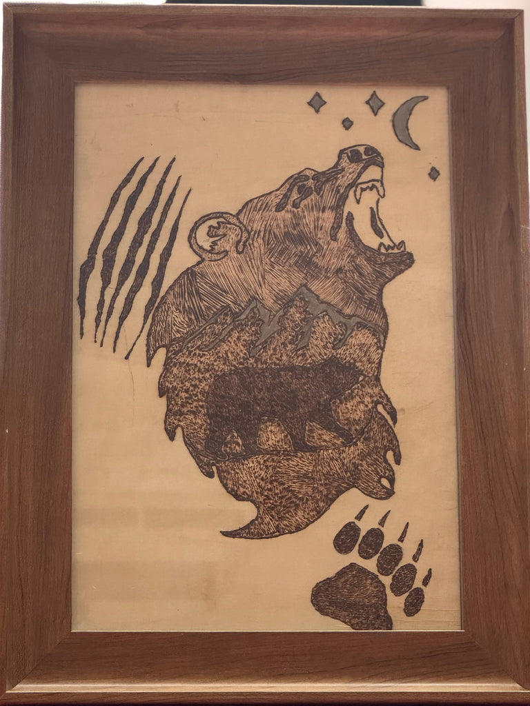 Wood Etching Free Hand Art - On Bassword in Bamboo Frame - Bear with Claw Under the Moon