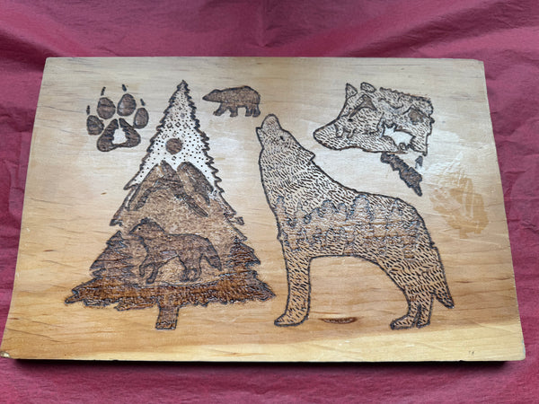 8 x 15  Wood Etching Free Hand Art - On Pinewood Hook Wolf Bear and Pine Forest