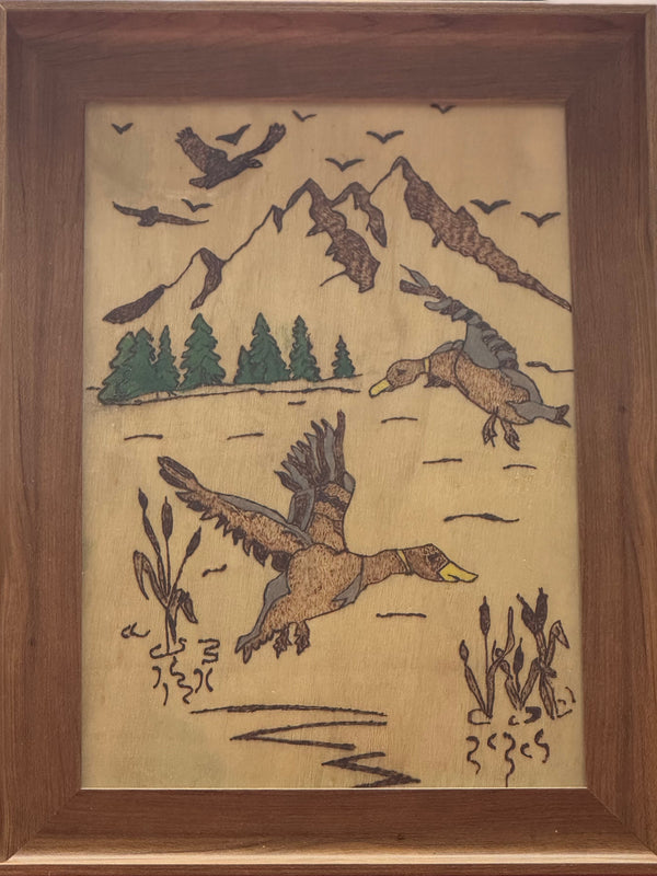 8 x 11.5 Wood Etching Free Hand Art - On Bassword in Bamboo Frame - Ducks by Mountains