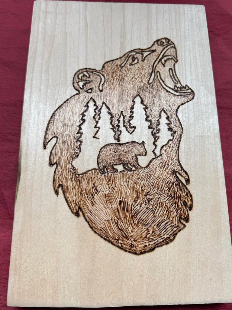 6 3/4 by 12 Wood Etching Free Hand Art - On Bassword Hook On Back- Bear In Pine Forest