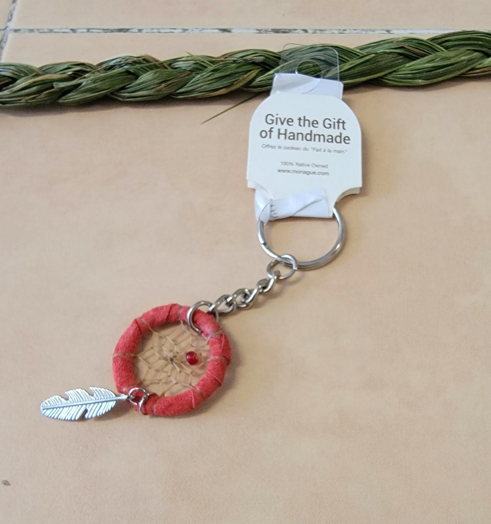 1.25" DREAMCATCHER KEYCHAIN WITH FEATHER - RED