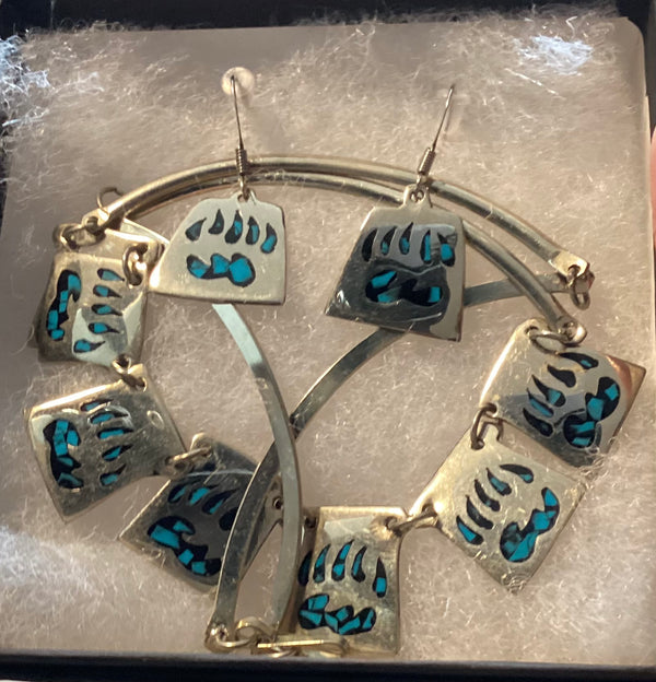 Bear Paw Necklace and Earring Set in Sterling Silver with Turquoise Inlay