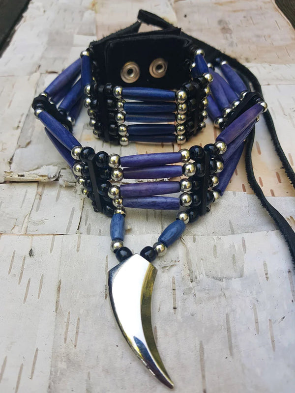 Blue Buffalo Bone 4-Row Choker + Matching 5-Row Bracelet (Set)