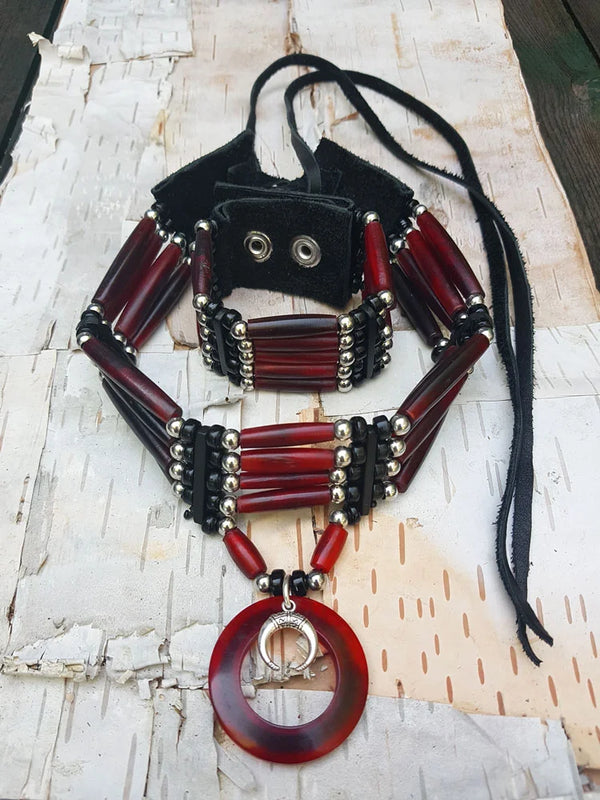 Red Horn (Longhorn) 4-Row Choker + Matching 5-Row Bracelet (Set)